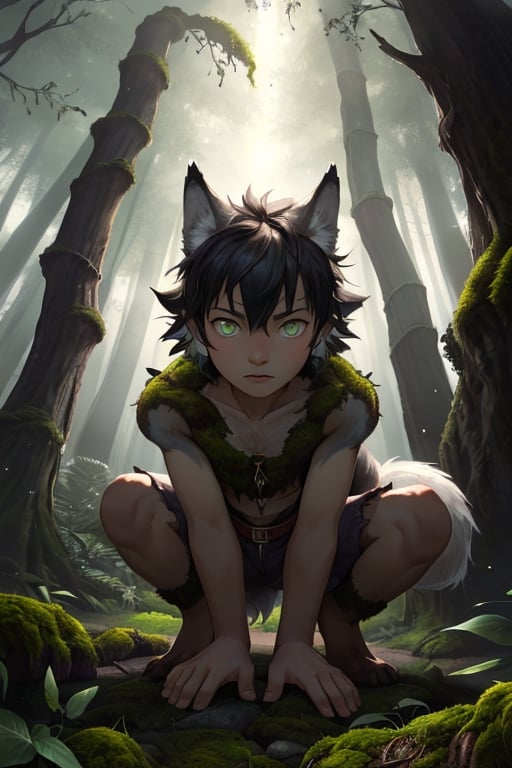 (masterpiece, best quality:1.4), (extremely detailed, 8k, uhd), fantasy art, natural lighting, ultra highres, atmospheric forest setting, mysterious lighting, (wild, feral, ambiguous:1.2), (sharp focus, from front:1.3), 1boy, called the Wild Child, (human child:2.1), 10 years olds, like Donkey Skin but with a wolf-skin, a mysterious human child figure with tousled hair, clad in tattered clothing and adorned with a wolf pelt, (wolf pelt:1.4), wolf tail, uncertain demeanor, (fantastical, enigmatic, untamed:1.2), (detailed features, wolf-like characteristics:1.6), (expressive eyes, mysterious gaze, unreadable:1.3), in a crouched position with hands touching the ground, surrounded by the ancient trees of the enchanted forest, a hint of moonlight filtering through the foliage, conveying an aura of mystery, (feral stance:0.5), (forest floor, leaves, moss, and magical glow:1.6), (neutral expression, neither good nor evil), intricate details, (depth of field, ethereal atmosphere), nighttime, enchanting artwork, detailed background, fantasy realism, hyper-detailed,best quality