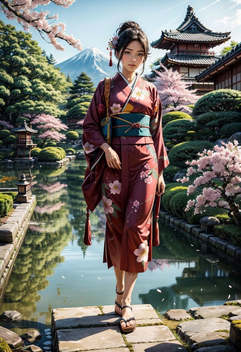 (masterpiece, best quality:1.4), (intricate, 8k, uhd), (realistic), (sharp focus), (extremely detailed), Ghibli,Miyazaki, anime, edo period, natural lighting, from front, full body,

A Japanese peasant woman, gracefully situated in the picturesque landscapes of that era. 32 years old, (smile:0.6), her black hair impeccably styled, adorned with traditional hair accessories, reflecting the cultural nuances of the time. She wears a meticulously crafted kimono, a symbol of both modesty and sophistication. The character's deep brown eyes exude a sense of cultural pride and resilience. Authentic features capture the beauty and grace of Edo period life.

Surrounded by meticulously tended gardens, traditional tea houses, and the distant silhouette of Mount Fuji. the sky is a clear blue. The style is inspired by Studio Ghibli's Hayao Miyazaki.

The character may be engaged in a traditional task such as tending to a tea ceremony, arranging flowers, or strolling along a tranquil pathway. The soft sunlight filters through the branches of cherry blossom trees
,best quality