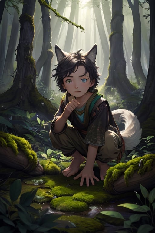 (masterpiece, best quality:1.4), (extremely detailed, 8k, uhd), fantasy art, natural lighting, ultra highres, atmospheric forest setting, mysterious lighting, (wild, feral, ambiguous:1.2), (sharp focus, from front:1.3), 1boy, called the Wild Child, (human child:2.1), (10 years olds:1.5), like Donkey Skin but with a wolf-skin, a mysterious human child figure, tousled hair, (clad in tattered clothing:1.2), (adorned with a wolf pelt:1), wolf tail, uncertain demeanor, (fantastical, enigmatic, untamed:1.2), (detailed features, wolf-like characteristics:1.3), (expressive eyes, mysterious gaze, unreadable:1.3), in a crouched position, only 1 hand touching the ground, surrounded by the ancient trees of the enchanted forest, a hint of moonlight filtering through the foliage, conveying an aura of mystery, (feral stance:0.5), (forest floor, leaves, moss, and magical glow:1.6), (neutral expression, neither good nor evil), intricate details, (depth of field, ethereal atmosphere), nighttime, enchanting artwork, detailed background, fantasy realism, hyper-detailed,best quality