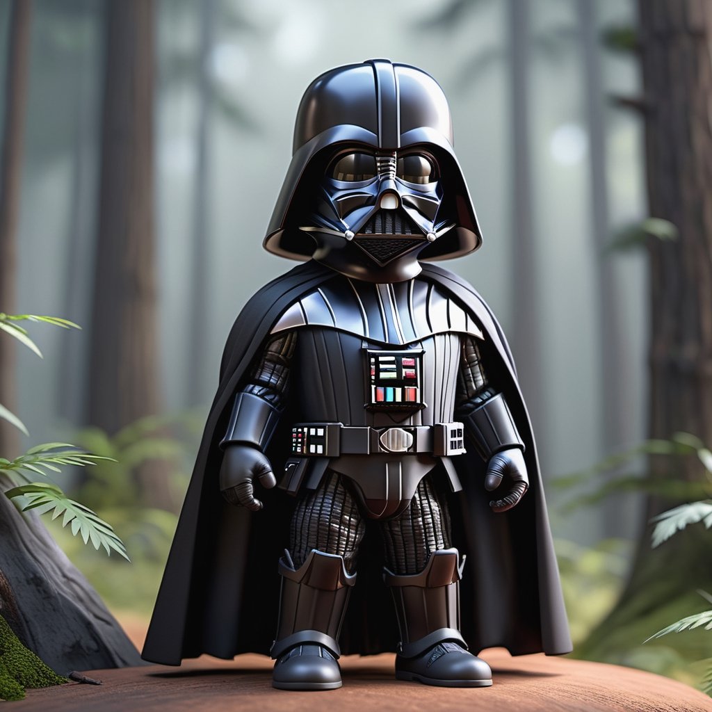 cute miniature darth vader, disney style, whole body, cute, smiling, unreal engine, detailed, forest background, ultra high definition, 32k  ,make_3d