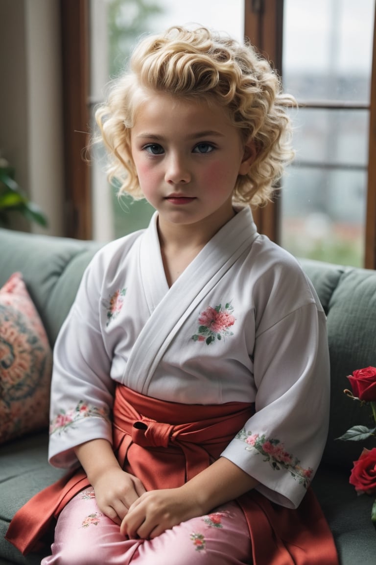 portrait of (((little girl 11-year-old Nórdic))) 1950s style, rainbow light hair,(((blonde short curly hair,(50s age style),high detailed hair)))(((detailed full hakama samurai))) sofa near a window  furniture,view front,flowers, plants, roses,view from above,  centered,full body shot,  natural light from a window,raw,iso. 800,50mm films,high detailed skin,detailed face,detailed eyes,detailed skin,acne,pores, detailmaster2,photo r3al,  moviemaker style