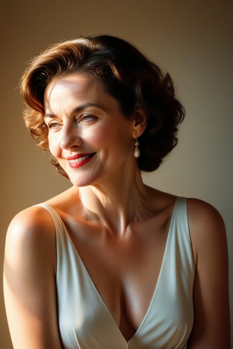 (((Iconic Woman mature extremely beautiful)))
(((beautiful smile)))
(((delicate interplay of light and shadow, artistic expression, emotional resonance, symmetry,minimalistic)))
(((1950s age style)))
(((Sun-drenched light colors background)))
(((View zoom,view detailed,view 
 Profile,wide angle))) 
(((by Francis Ford Coppola style,by caravaggio style)))