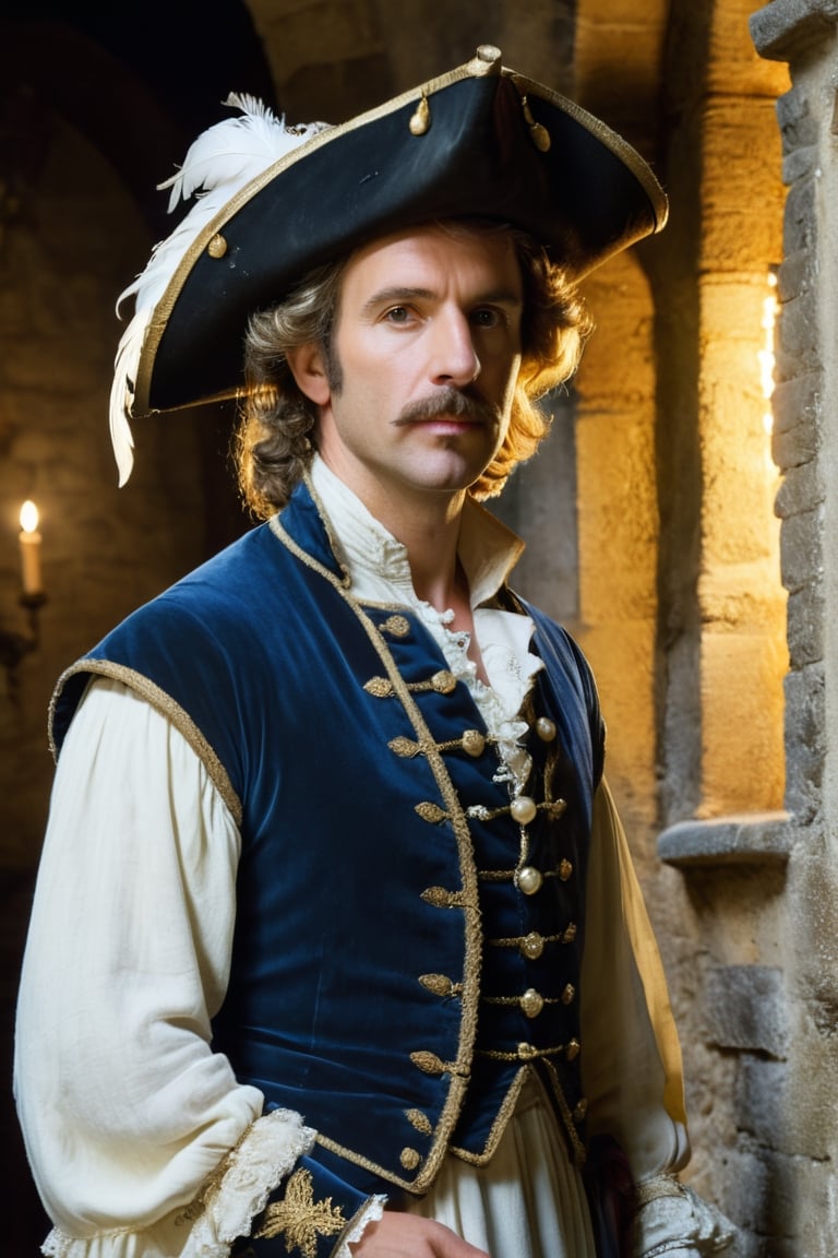 (((Mature man French)))
(((huge and pointed nose, nose deformed,huge proportions,súper_big,Bigget_nose)))
(((Cyrano de Bergerac,Play by Edmond Rostand elegant)))(((medieval castle interior big room in darkness, dressed 1700s age style, white lace and embroidery ,sword, wide-brimmed leather hat, feathers, haughty position, show off)))
(((at night,natural light from window)))
(((gold earrings,pearls white,sapphire)))
((( standing, messy hair styles,wearing  medieval outfit,1700's age style)))
(((hasselblad 70mm camera films)))
(((Ultra realistic, masterpiece, high resolution, best quality , photo realistic,full body shot))), 
cinematic moviemaker style,dripping paint,abstact