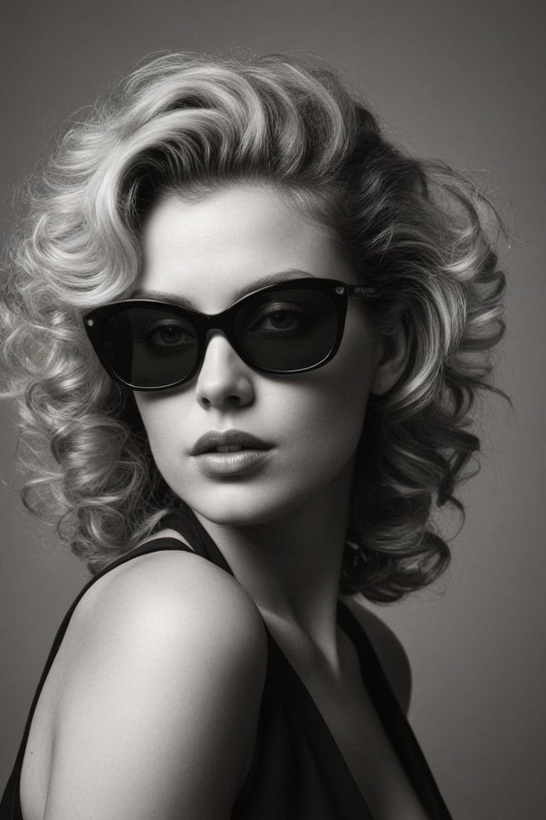 (((Iconic illustration 1950s age style but extremely beautiful)))
(((blonde curly hair shot with sunglasses)))
(((Chiaroscuro Solid colors background)))
(((masterpiece,minimalist,epic,
hyperrealistic,photorealistic)))
(((view profile,view detailed )))
(((Monochrome solid colors)))(((Annie Leibovitz style, by Diane Arbus style))),srh_ttz