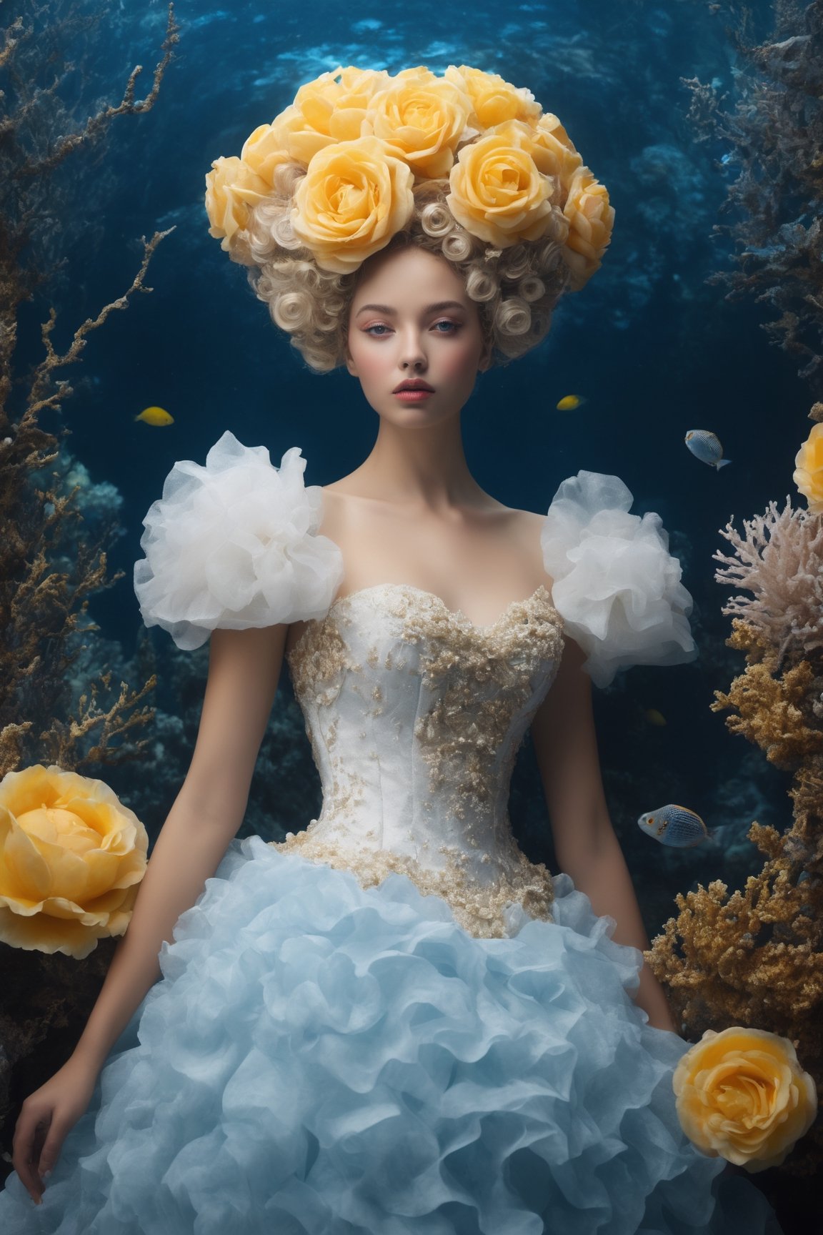 Extremely Realistic,Create a world with the next element * Glass sponge and coral Pocillopora pulchella for organic, flowing textures 
* extremely detailed Realistic mirrod
*view from above, centered, half body shot, natural light
* Marie-Antoinette details, gathers, beehives, ball gathering for volume and romance
* Crinoline, smocks, pin tucks for structure and architecture
* English pavilions for neoclassical references
* Belle Époque winter garden for retro inspiration
* Hans Bellmer-style surrealism and Donyale Luna mannequin for onirism
* Balata Garden and Martinique corals for tropical inspiration
* Gabrielle Chanel and diva singers for timeless elegance
* Short" for a contemporary twist white and blue rose and old yellow rose embroidery on tulle . Extremely Realistic, photo r3al,make_3d, cinematic moviemaker style,dripping paint,abstact