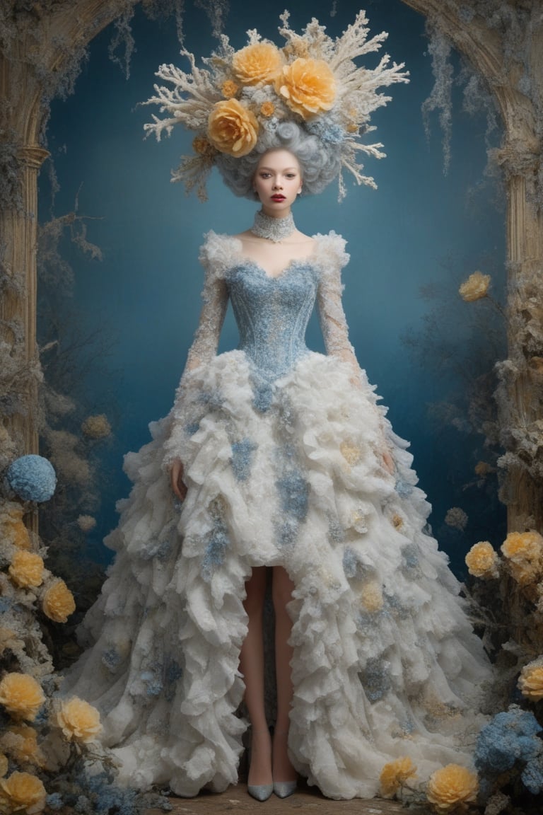 Extremely Realistic,Create a world with the next element * Glass sponge and coral Pocillopora pulchella for organic, flowing textures
* Marie-Antoinette details, gathers, beehives, ball gathering for volume and romance
* Crinoline, smocks, pin tucks for structure and architecture
* English pavilions for neoclassical references
* Belle Époque winter garden for retro inspiration
* Hans Bellmer-style surrealism and Donyale Luna mannequin for onirism
* Balata Garden and Martinique corals for tropical inspiration
* Gabrielle Chanel and diva singers for timeless elegance
* Short" for a contemporary twist white and blue rose and old yellow rose embroidery on tulle . Extremely Realistic, photo r3al,make_3d, cinematic moviemaker style,dripping paint