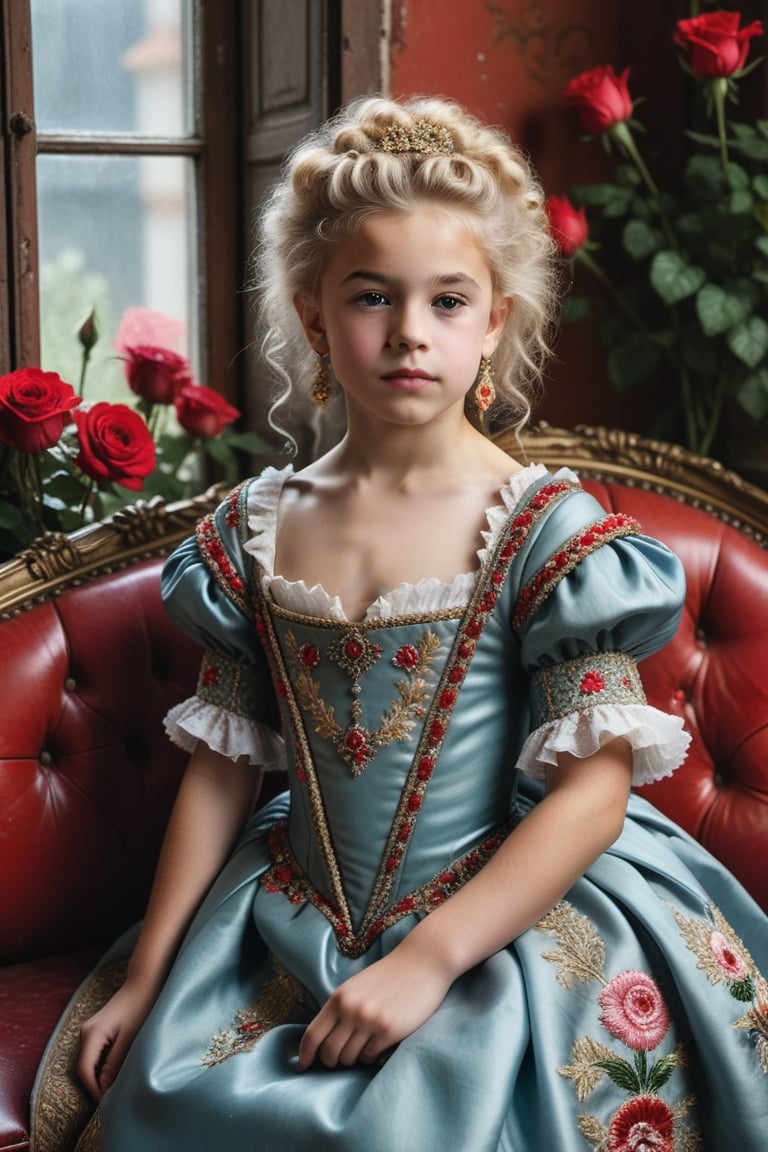 portrait of little_girl 12-year-old Nórdic,((( Wearing luxury sack-back gown, detailed and opulent description of a aristocrat's sack-back gown in Rococo style, emphasizing luxurious fabrics, intricate embroidery, and ornate accessories,)))
,rainbow light hair,  blonde short curly hair, Sexy,sitting open_legs on worn old black leather sofa near a window,old and worn red furniture ,view front,flowers, plants, roses,view from above,  centered,full body shot,  natural light from a window,raw,iso. 800,50mm films,high detailed skin,detailed face,detailed eyes,detailed skin,acne,pores, detailmaster2,photo r3al,  moviemaker style