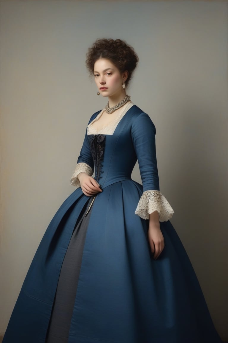 (((iconic but extremely beautiful)))
(((clothing canvases/cloths and mixed fabrics)))
(((blue,Beige,gray)))
(((simple background)))
(((1880s age style,with accessories)))
(((intricate details, masterpiece, best quality, photorealistic, minimalist)))
(((dynamic pose, looking at viewer,profile view, full body view)))(((by Rembrandt style, by Stanley Kubrick style)))