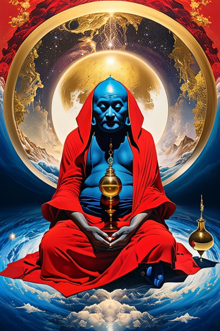 Old monk,red, gold,sapphire surrealism,  magical realism,  lucid dreams,  hyperactive imagination,  interactive,  highly detailed image.
