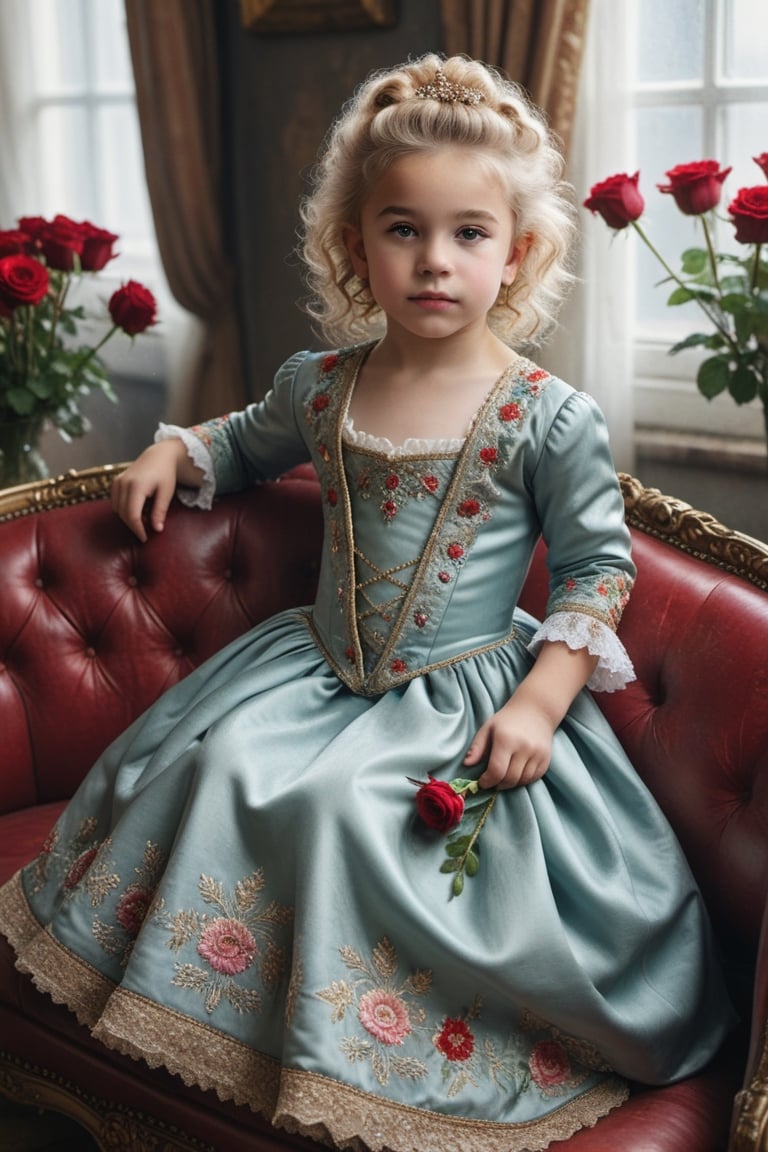 portrait of little_girl 10-year-old Nórdic,((( Wearing luxury sack-back gown, detailed and opulent description of a aristocrat's sack-back gown in Rococo style, emphasizing luxurious fabrics, intricate embroidery, and ornate accessories,)))
,rainbow light hair,  blonde short curly hair, Sexy,sitting open_legs on worn old black leather sofa near a window,old and worn red furniture ,view front,flowers, plants, roses,view from above,  centered,full body shot,  natural light from a window,raw,iso. 800,50mm films,high detailed skin,detailed face,detailed eyes,detailed skin,acne,pores, detailmaster2,photo r3al,  moviemaker style