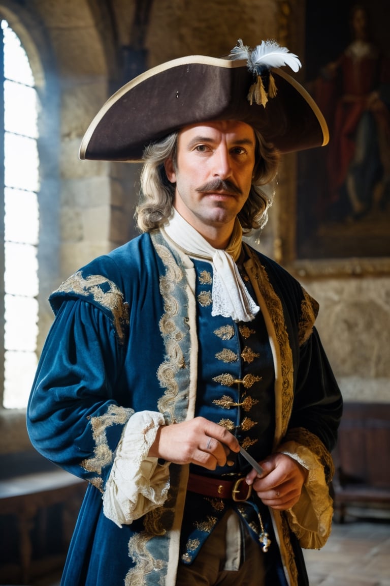 (((Mature man French)))
(((huge and pointed nose, nose: 1.5)))
(((Cyrano de Bergerac,Play by Edmond Rostand elegant)))(((medieval castle interior big room in darkness, dressed 1700s age style, white lace and embroidery ,sword, wide-brimmed leather hat, feathers, haughty position, show off)))
(((at night,natural light from window)))
(((gold earrings,pearls white,sapphire)))
((( standing, messy hair styles,wearing  medieval outfit,1700's age style)))
(((hasselblad 70mm camera films)))
(((Ultra realistic, masterpiece, high resolution, best quality , photo realistic,full body shot))), 
cinematic moviemaker style,dripping paint,abstact