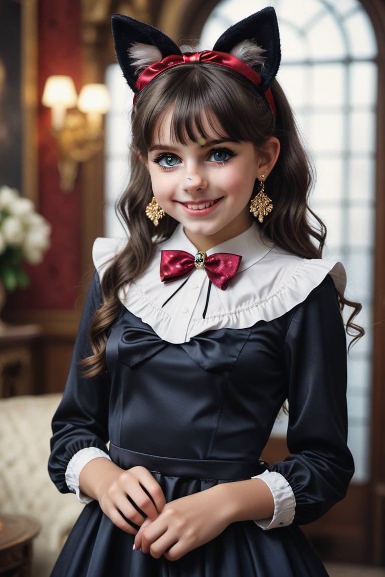 Teenager 14-year-old Nórdic, perlas white, very beautiful smile, long hair, looking at viewer, bangs, black hair, long sleeves,detailed dress, bow, ribbon, animal ears, jewelry, upper body, ponytail, hair bow, earrings, indoors, cat ears, hand up, black eyes, black dress, lips, black ribbon, black bow, realistic, nose,(((gold, sapphire, ruby, Mármol white, )))masterpiece, hyperdetailed photography, hyper-realistic, Kodak Ektar camera, detailed skin pores acne, detailed hands, detailed anatomy, detailed face, detailed eyes, detailed mouth,,photo r3al, cinematic moviemaker style, 85mm cámara, 