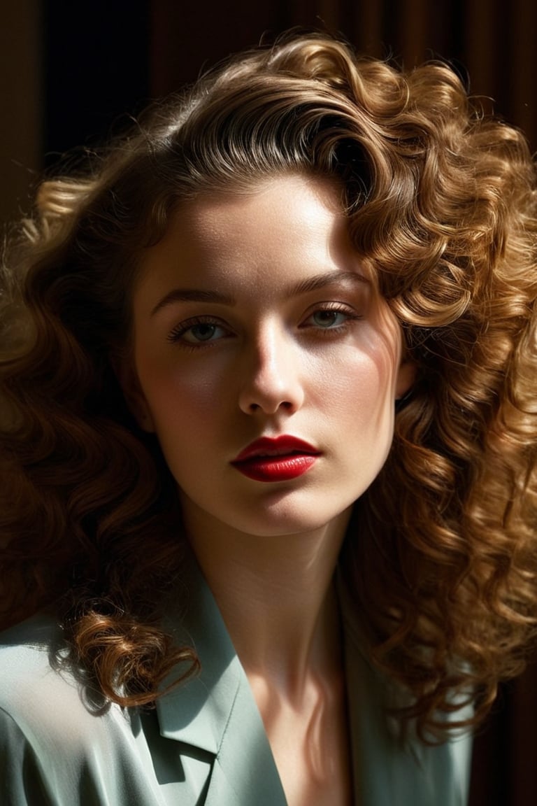 (((Iconic girl lighting but extremely beautiful)))
(((1940s age style)))
(((shadows of blinds on the face)))
(((large hair curly)))
(((Chiaroscuro light full colors background)))
(((masterpiece,minimalist,epic,
hyperrealistic,photorealistic)))
(((view profile,view detailed,
dutch_angle)))
(((Annie Leibovitz style, by Michael Curtiz style)))