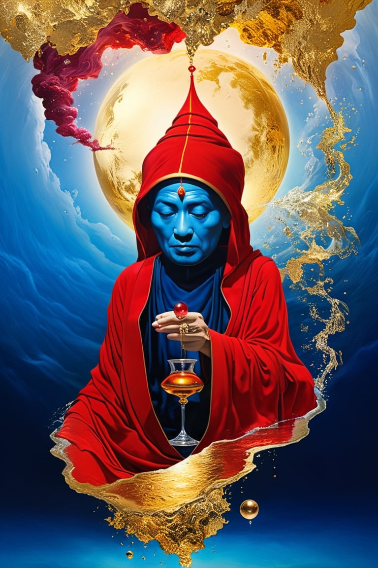 Old monk,red, gold,sapphire surrealism,  magical realism,  lucid dreams,  hyperactive imagination,  interactive,  highly detailed image.
