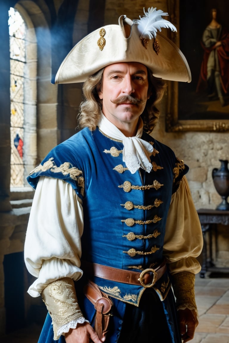 (((Mature man French)))
(((huge and pointed nose, nose deformed,huge proportions)))
(((Cyrano de Bergerac,Play by Edmond Rostand elegant)))(((medieval castle interior big room in darkness, dressed 1700s age style, white lace and embroidery ,sword, wide-brimmed leather hat, feathers, haughty position, show off)))
(((at night,natural light from window)))
(((gold earrings,pearls white,sapphire)))
((( standing, messy hair styles,wearing  medieval outfit,1700's age style)))
(((hasselblad 70mm camera films)))
(((Ultra realistic, masterpiece, high resolution, best quality , photo realistic,full body shot))), 
cinematic moviemaker style,dripping paint,abstact