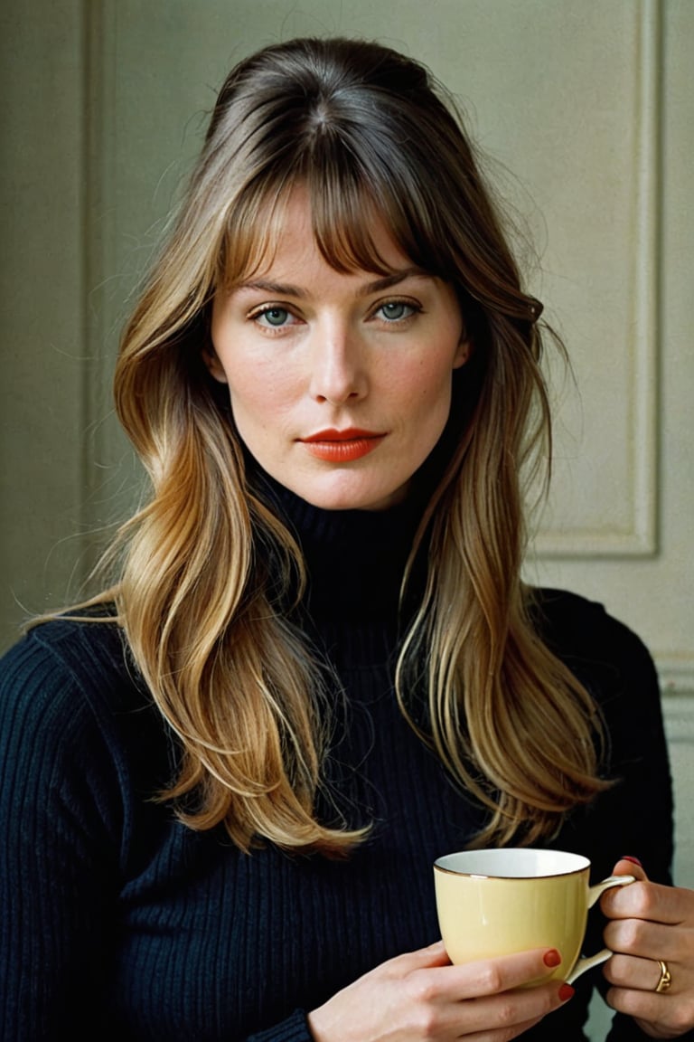 (((Iconic 1960s age style extremely beautiful)))
(((The image is a stylized portrait, likely created for artistic or fashion purposes. The subject's pose and attire suggest a contemporary setting with vintage influences. The solid color background focuses attention on the subject and her expression)))
(((black sweater long sleeves turtleneck)))
(((holding Cup of tea)))
(((Simple minimalist yellow colors backgroun)))
(((looking at viewer)))
((( black short hair bangs)))
(((masterpiece,minimalist,hyperrealistic,photorealistic))) 
(((By Annie Leibovitz style,by Wes Anderson style)))