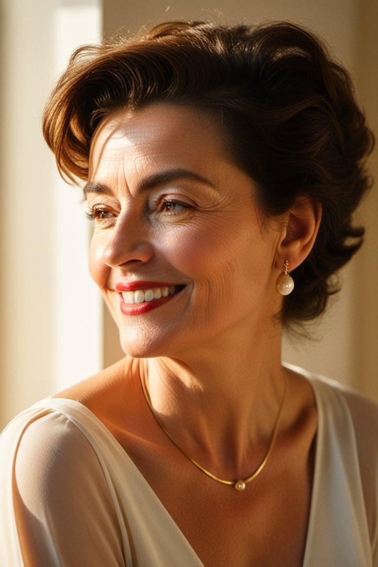 (((Iconic Woman mature extremely beautiful)))
(((beautiful smile)))
(((delicate interplay of light and shadow, artistic expression, emotional resonance, symmetry,minimalistic)))
(((1950s age style)))
(((Sun-drenched light colors background)))
(((View zoom,view detailed,view 
 Profile,wide angle))) 
(((by Francis Ford Coppola style,by caravaggio style)))