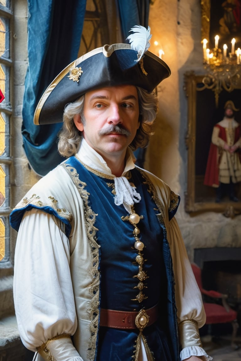 (((Mature man French)))
(((huge proportions, súper_big,Bigget_nose)))
(((Cyrano de Bergerac,Play by Edmond Rostand elegant)))(((medieval castle interior big room in darkness, dressed 1700s age style, white lace and embroidery ,sword,leather hat, feathers, haughty position, show off)))
(((at night,natural light from window)))
(((gold earrings,pearls white,sapphire)))
((( standing, messy hair styles,wearing  medieval outfit,1700's age style)))
(((hasselblad 70mm camera films)))
(((Ultra realistic, masterpiece, high resolution, best quality , photo realistic,full body shot))), 
cinematic moviemaker style,dripping paint,abstact