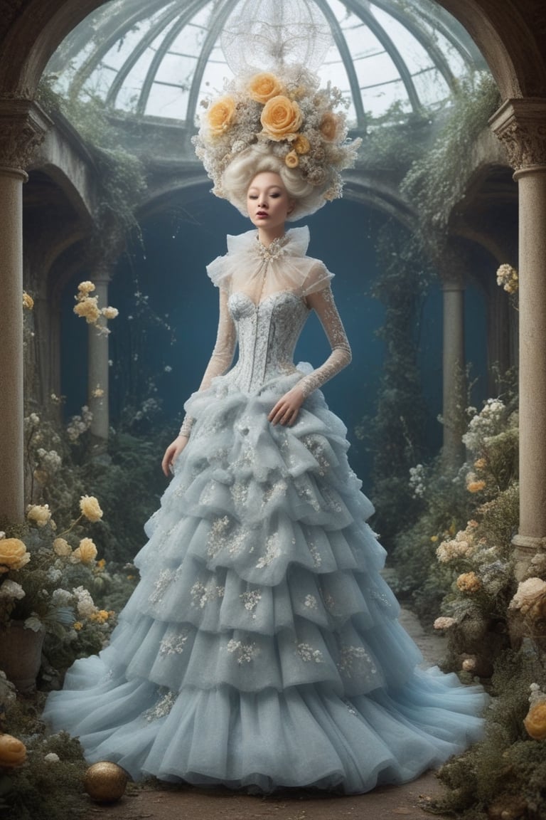 Extremely Realistic,Create a world with the next element * Glass sponge and coral Pocillopora pulchella for organic, flowing textures
* Marie-Antoinette details, gathers, beehives, ball gathering for volume and romance
* Crinoline, smocks, pin tucks for structure and architecture
* English pavilions for neoclassical references
* Belle Époque winter garden for retro inspiration
* Hans Bellmer-style surrealism and Donyale Luna mannequin for onirism
* Balata Garden and Martinique corals for tropical inspiration
* Gabrielle Chanel and diva singers for timeless elegance
* Short" for a contemporary twist white and blue rose and old yellow rose embroidery on tulle . Extremely Realistic, photo r3al,make_3d, cinematic moviemaker style