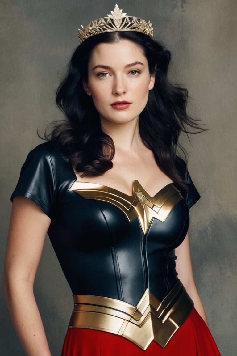 (((Iconic 1940s age style but extremely beautiful))) 
(((black long straight hair 40s age style)))
(((with matte black short-sleeved t-shirt, golden tiara, leather and silver Amazon warrior costume, [Wonder woman] serious expression, severe but calm)))
(((Pale skin and freckles, gorgeous and Voluptuous))) (((Chiaroscuro, soft light background))) 
(((female action poses))) (((masterpiece,minimalist, hyperrealistic,photorealistic))) (((view zoom,close-up,focal upper torso))) 
(((By Annie Leibovitz style,by Rembrandt style)))