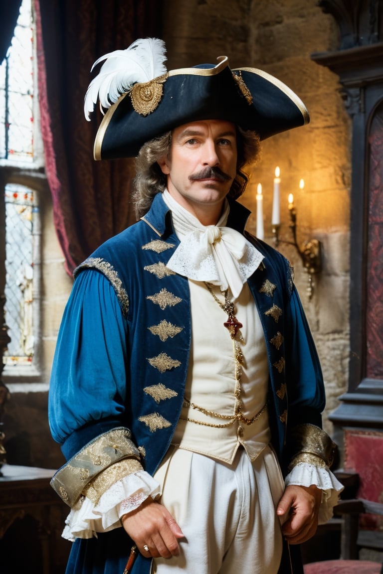 (((Mature man French)))
(((Cyrano de Bergerac,Play by Edmond Rostand elegant)))(((medieval castle interior big room in darkness, dressed 1700s age style, white lace and embroidery ,sword, wide-brimmed leather hat, feathers, haughty position, show off)))
(((at night,natural light from window)))
(((gold earrings,pearls white,sapphire)))
((( standing, messy hair styles,wearing  medieval outfit,1700's age style)))
(((hasselblad 70mm camera films)))
(((Ultra realistic, masterpiece, high resolution, best quality , photo realistic,full body shot))), 
cinematic moviemaker style,dripping paint,abstact