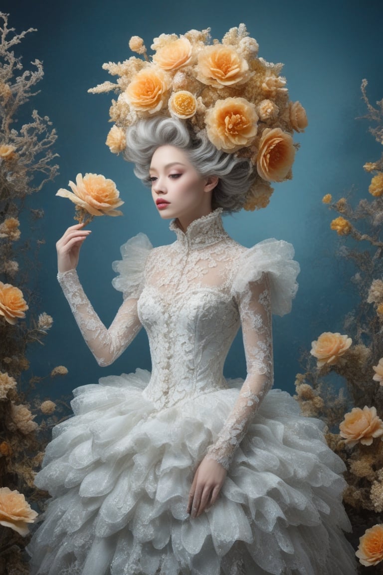 Extremely Realistic,Create a world with the next element * Glass sponge and coral Pocillopora pulchella for organic, flowing textures 
*view from above, centered, full body shot, natural light
* Marie-Antoinette details, gathers, beehives, ball gathering for volume and romance
* Crinoline, smocks, pin tucks for structure and architecture
* English pavilions for neoclassical references
* Belle Époque winter garden for retro inspiration
* Hans Bellmer-style surrealism and Donyale Luna mannequin for onirism
* Balata Garden and Martinique corals for tropical inspiration
* Gabrielle Chanel and diva singers for timeless elegance
* Short" for a contemporary twist white and blue rose and old yellow rose embroidery on tulle . Extremely Realistic, photo r3al,make_3d, cinematic moviemaker style,dripping paint