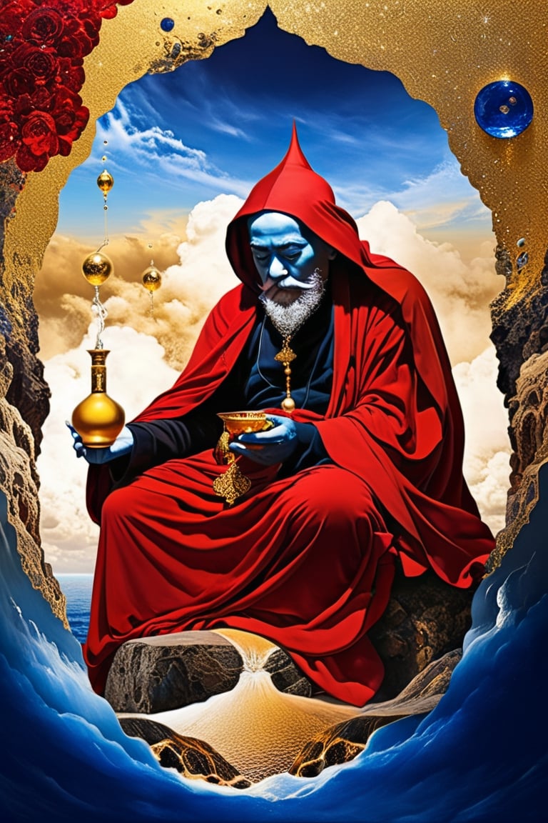 Old monk,red, gold,sapphire surrealism,  magical realism,  lucid dreams,  hyperactive imagination,  interactive,  highly detailed image.
