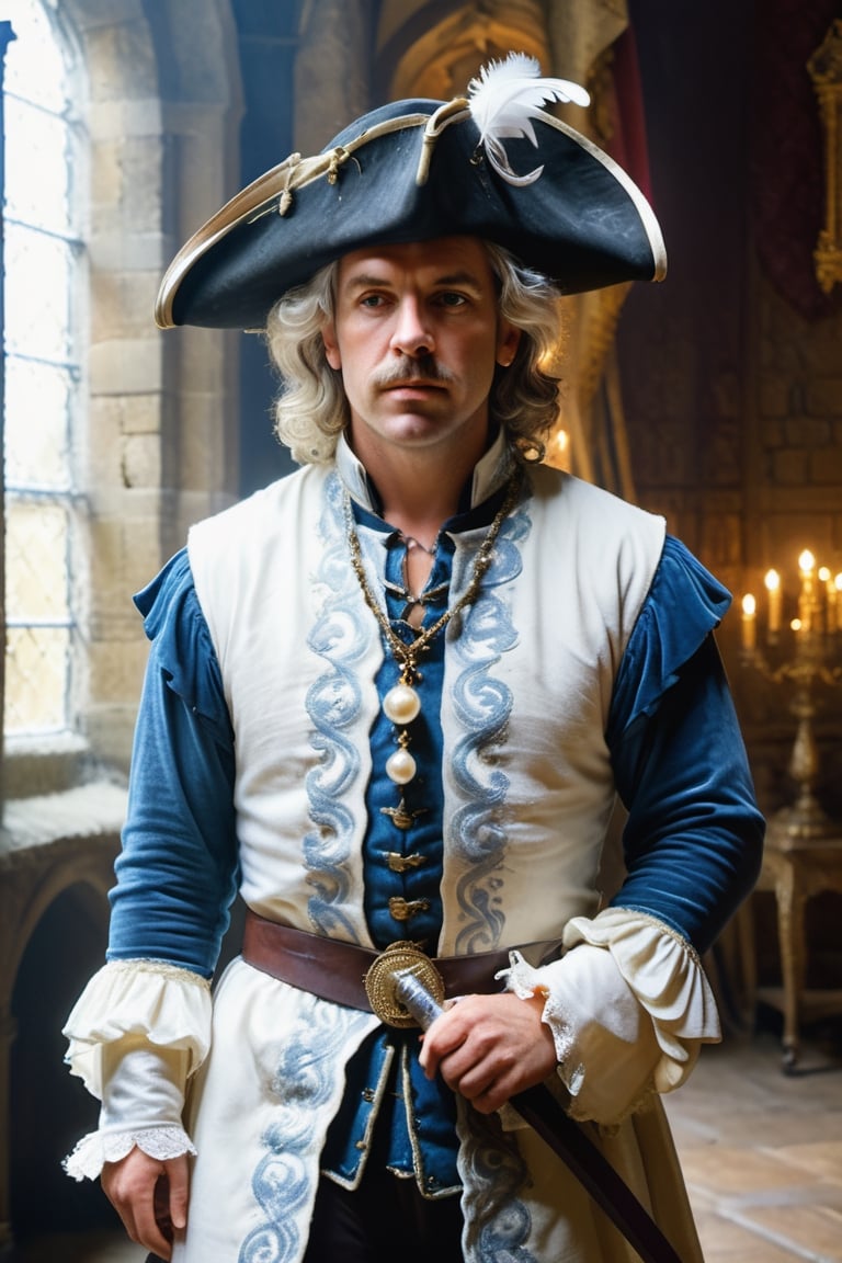 (((Mature man French)))
(((huge proportions, súper_big,Bigget_nose)))
(((Cyrano de Bergerac,Play by Edmond Rostand elegant)))(((medieval castle interior big room in darkness, dressed 1700s age style, white lace and embroidery ,sword,leather hat, feathers, haughty position, show off)))
(((at night,natural light from window)))
(((gold earrings,pearls white,sapphire)))
((( standing, messy hair styles,wearing  medieval outfit,1700's age style)))
(((hasselblad 70mm camera films)))
(((Ultra realistic, masterpiece, high resolution, best quality , photo realistic,full body shot))), 
cinematic moviemaker style,dripping paint,abstact