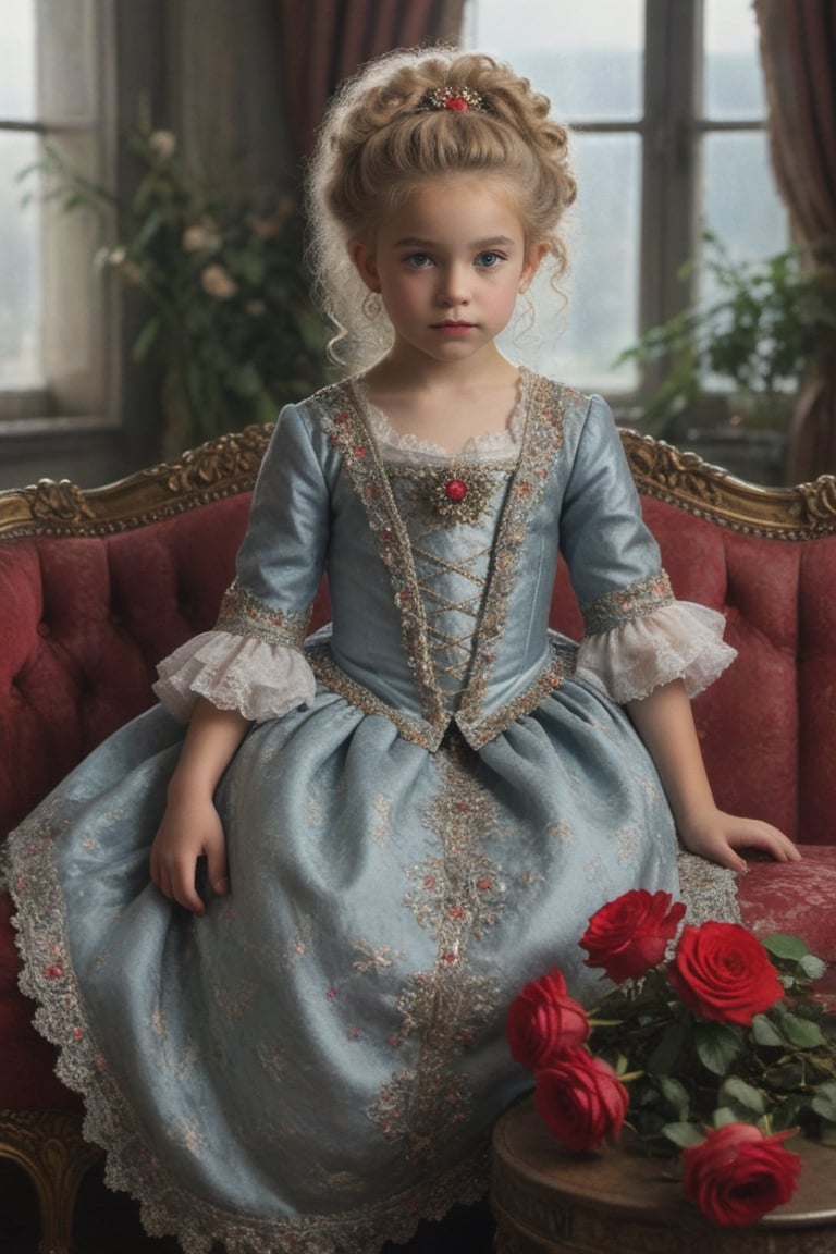 portrait of little_girl 10-year-old Nórdic,((( Wearing luxury sack-back gown, detailed and opulent description of a aristocrat's sack-back gown in Rococo style, emphasizing luxurious fabrics, intricate embroidery, and ornate accessories,)))
,rainbow light hair,  blonde short curly hair, Sexy,sitting open_legs on worn old black leather sofa near a window,old and worn red furniture ,view front,flowers, plants, roses,view from above,  centered,full body shot,  natural light from a window,raw,iso. 800,50mm films,high detailed skin,detailed face,detailed eyes,detailed skin,acne,pores, detailmaster2,photo r3al,  moviemaker style