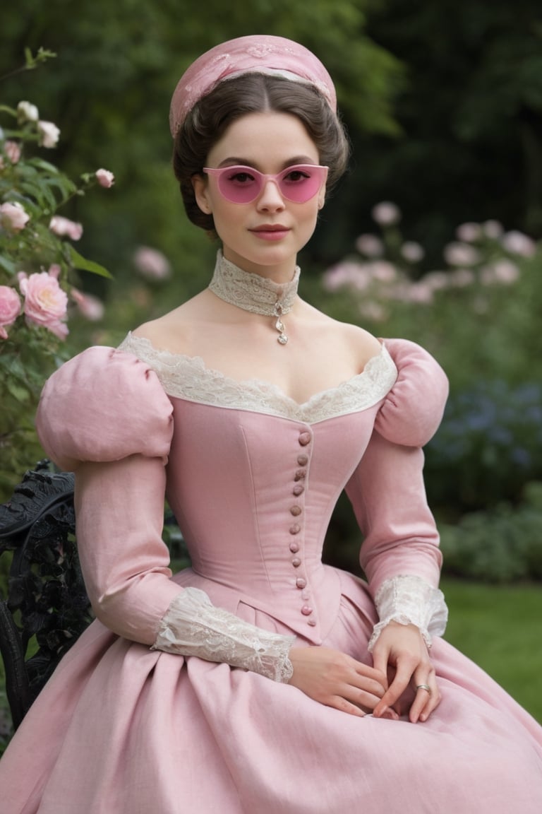 The painting of a woman 50-year-old sitting in a garden with((( delicate little pink sunglasses))) smiling with a doll looking at the camera who is elegantly dressed in a high-collared,  long-sleeved,  and floor-length gown,  which exemplifies the late Victorian fashion. The dress is crafted from rich,  dark-colored fabric,  possibly velvet,  and is characterized by its simplicity and clean lines. A small,  high collar frames her face. The bodice is buttoned up the front,  and its shape accentuates her slender waist. A narrow sash cinches the waist,  creating a subtle hourglass figure. The sleeves are snugly fitted at the shoulders and taper down to the wrists,  reflecting the tailored look of the era. The cuffs of the sleeves are adorned with small decorative buttons. The skirt of the gown falls gracefully to the floor,  with a slight train at the back. It is designed to flow smoothly from the waist,  creating a straight,  elongated line down to the ground. Her complexion is pale and flawless,  following the Victorian preference for porcelain-like skin. She uses a light foundation or powder to achieve this look. Her cheeks are lightly flushed with a subtle hint of rosy pink blush,  delicately applied to the apples of her cheeks. The eyes are enhanced with a soft and natural look. Eyebrows are elegantly shaped with a slight arch and are filled in gently. Eyeshadow in neutral shades enhances her eyelids,  and mascara defines her lashes. Her lips are tinted with a natural,  muted color,  possibly a soft shade of pink or rose. Lip balm is applied to keep her lips smooth and moisturized. In a style of Claude Monet, AIDA_LoRA_LauraB, more detail XL, photo r3al,,
,more detail XL,photo r3al