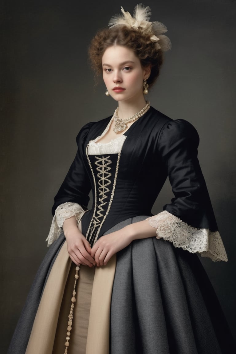 (((iconic but extremely beautiful)))
(((clothing canvases/cloths and mixed fabrics)))
(((Black,Beige,gray)))
(((simple background)))
(((1880s age style,with accessories)))
(((intricate details, masterpiece, best quality, photorealistic, minimalist)))
(((dynamic pose, looking at viewer,profile view, full body view)))(((by Rembrandt style, by Stanley Kubrick style)))