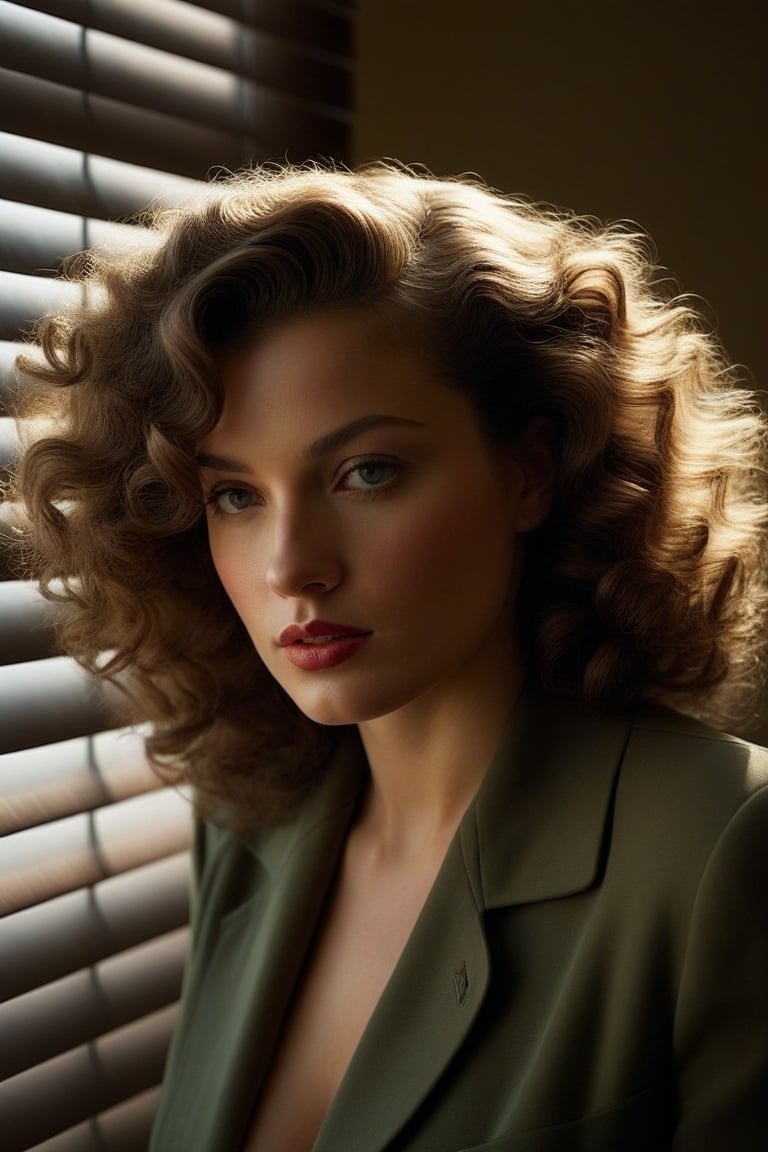 (((Iconic girl lighting but extremely beautiful)))
(((1940s age style)))
(((shadows of blinds on the face)))
(((large hair curly)))
(((Chiaroscuro light full colors background)))
(((masterpiece,minimalist,epic,
hyperrealistic,photorealistic)))
(((view profile,view detailed,
dutch_angle)))
(((Annie Leibovitz style, by Michael Curtiz style)))