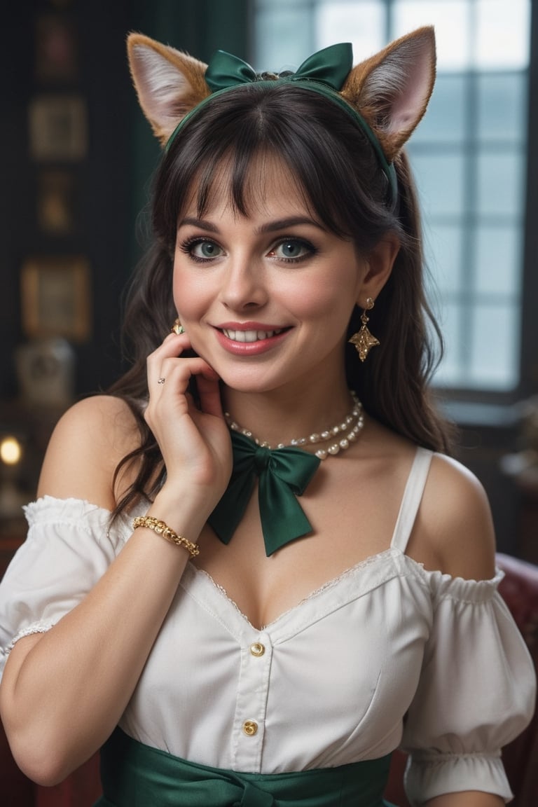 Woman chubby 55-year-old Nórdic, very beautiful smile, long hair, looking at viewer, bangs, black hair, long sleeves,detailed dress, bow, ribbon, animal ears, jewelry, upper body, ponytail, hair bow, earrings, indoors, cat ears, hand up, black eyes, black dress, lips, black ribbon, black bow, realistic, nose,(((gold, emerald 
 sapphire, ruby, Mármol white,perlas white)))masterpiece, hyperdetailed photography, hyper-realistic, Kodak Ektar camera, detailed skin pores acne, detailed hands, detailed anatomy, detailed face, detailed eyes, detailed mouth,,photo r3al, cinematic moviemaker style, 85mm cámara, 