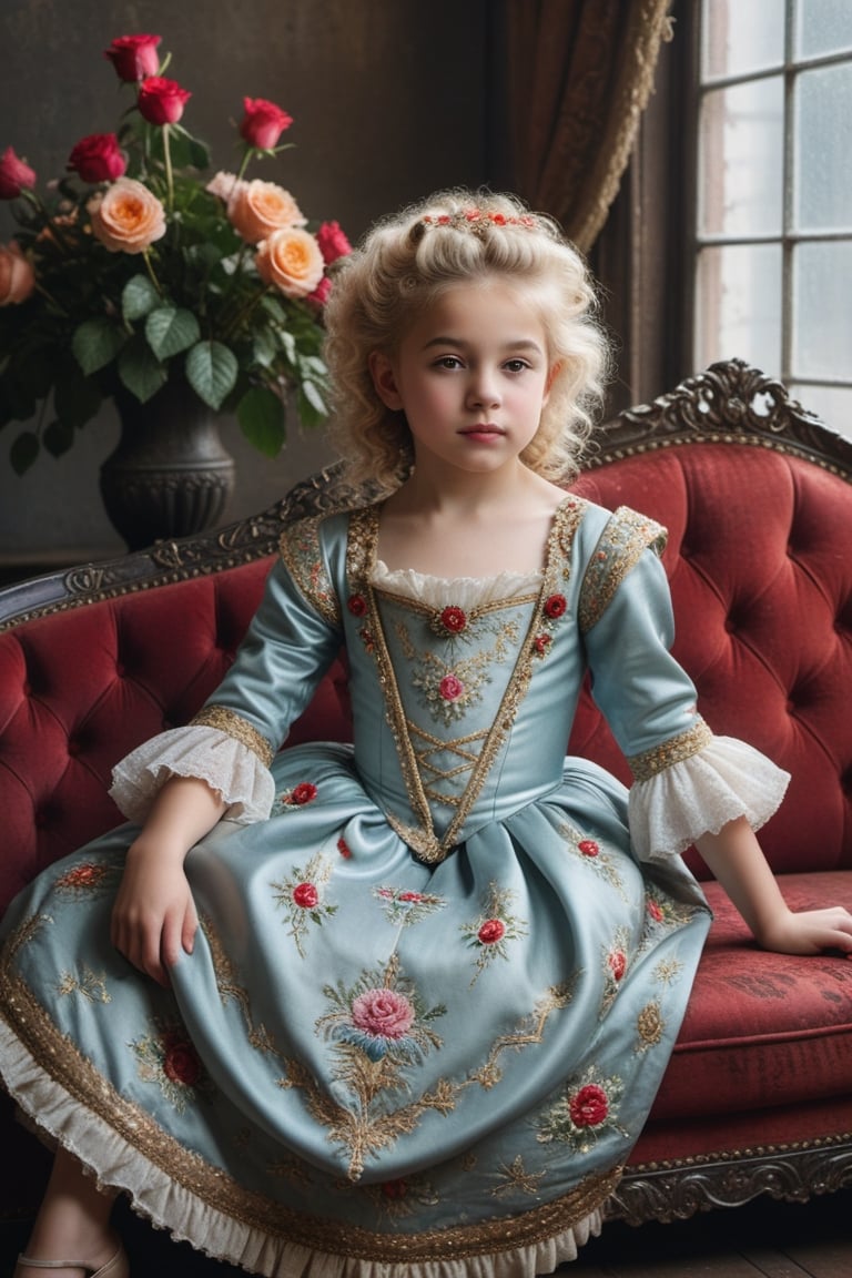 portrait of little_girl 10-year-old Nórdic,((( Wearing luxury sack-back gown, detailed and opulent description of a aristocrat's sack-back gown in Rococo style, emphasizing luxurious fabrics, intricate embroidery, and ornate accessories,)))
,rainbow light hair,  blonde short curly hair, Sexy,sitting open_legs on worn old black leather sofa near a window,old and worn red furniture ,view front,flowers, plants, roses,view from above,  centered,full body shot,  natural light from a window,raw,iso. 800,50mm films,high detailed skin,detailed face,detailed eyes,detailed skin,acne,pores, detailmaster2,photo r3al,  moviemaker style