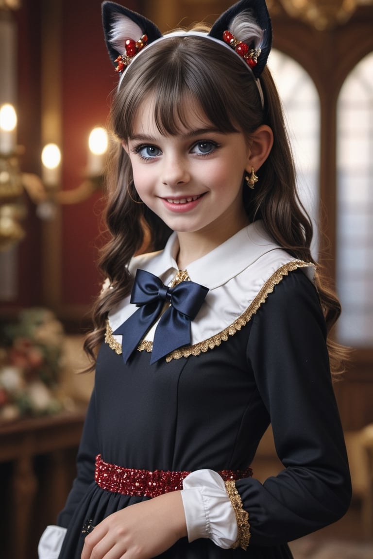 Teenager 12-year-old Nórdic, perlas white, very beautiful smile, long hair, looking at viewer, bangs, black hair, long sleeves,detailed dress, bow, ribbon, animal ears, jewelry, upper body, ponytail, hair bow, earrings, indoors, cat ears, hand up, black eyes, black dress, lips, black ribbon, black bow, realistic, nose,(((gold, sapphire, ruby, Mármol white, )))masterpiece, hyperdetailed photography, hyper-realistic, Kodak Ektar camera, detailed skin pores acne, detailed hands, detailed anatomy, detailed face, detailed eyes, detailed mouth,,photo r3al, cinematic moviemaker style, 85mm cámara, 