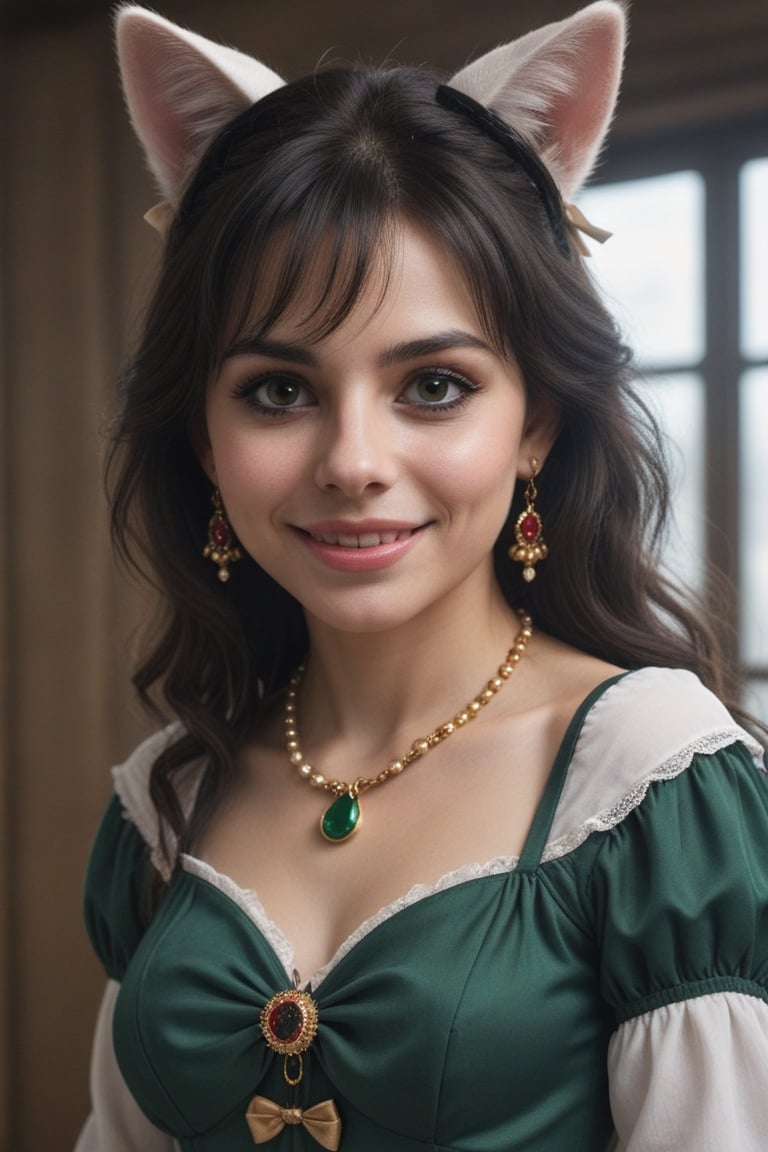 Woman 40-year-old Nórdic, very beautiful smile, long hair, looking at viewer, bangs, black hair, long sleeves,detailed dress, bow, ribbon, animal ears, jewelry, upper body, ponytail, hair bow, earrings, indoors, cat ears, hand up, black eyes, black dress, lips, black ribbon, black bow, realistic, nose,(((gold, emerald 
 sapphire, ruby, Mármol white,perlas white)))masterpiece, hyperdetailed photography, hyper-realistic, Kodak Ektar camera, detailed skin pores acne, detailed hands, detailed anatomy, detailed face, detailed eyes, detailed mouth,,photo r3al, cinematic moviemaker style, 85mm cámara, 