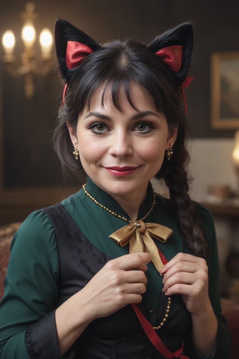 (((Woman mature chubby 55-year-old Nórdic))), very beautiful smile, long hair, looking at viewer, bangs, black hair, long sleeves,detailed dress, bow, ribbon, animal ears, jewelry, upper body, ponytail, hair bow, earrings, indoors, cat ears, hand up, black eyes, black dress, lips, black ribbon, black bow, realistic, nose,(((gold, emerald 
 sapphire, ruby, Mármol white,perlas white)))masterpiece, hyperdetailed photography, hyper-realistic, Kodak Ektar camera, detailed skin pores acne, detailed hands, detailed anatomy, detailed face, detailed eyes, detailed mouth,,photo r3al, cinematic moviemaker style, 85mm cámara, 