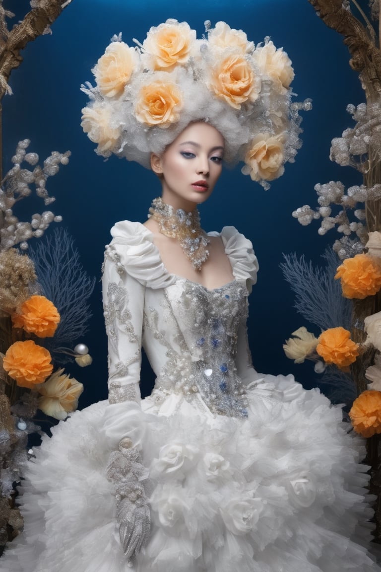 Extremely Realistic,Create a world with the next element * Glass sponge and coral Pocillopora pulchella for organic, flowing textures 
* extremely detailed Realistic silver, sapphire, pearls white, 
*view from above, centered, half body shot, natural light
* Marie-Antoinette details, gathers, beehives, ball gathering for volume and romance
* Crinoline, smocks, pin tucks for structure and architecture
* English pavilions for neoclassical references
* Belle Époque winter garden for retro inspiration
* Hans Bellmer-style surrealism and Donyale Luna mannequin for onirism
* Balata Garden and Martinique corals for tropical inspiration
* Gabrielle Chanel and diva singers for timeless elegance
* Short" for a contemporary twist white and blue rose and old yellow rose embroidery on tulle . Extremely Realistic, photo r3al,make_3d, cinematic moviemaker style,dripping paint,abstact