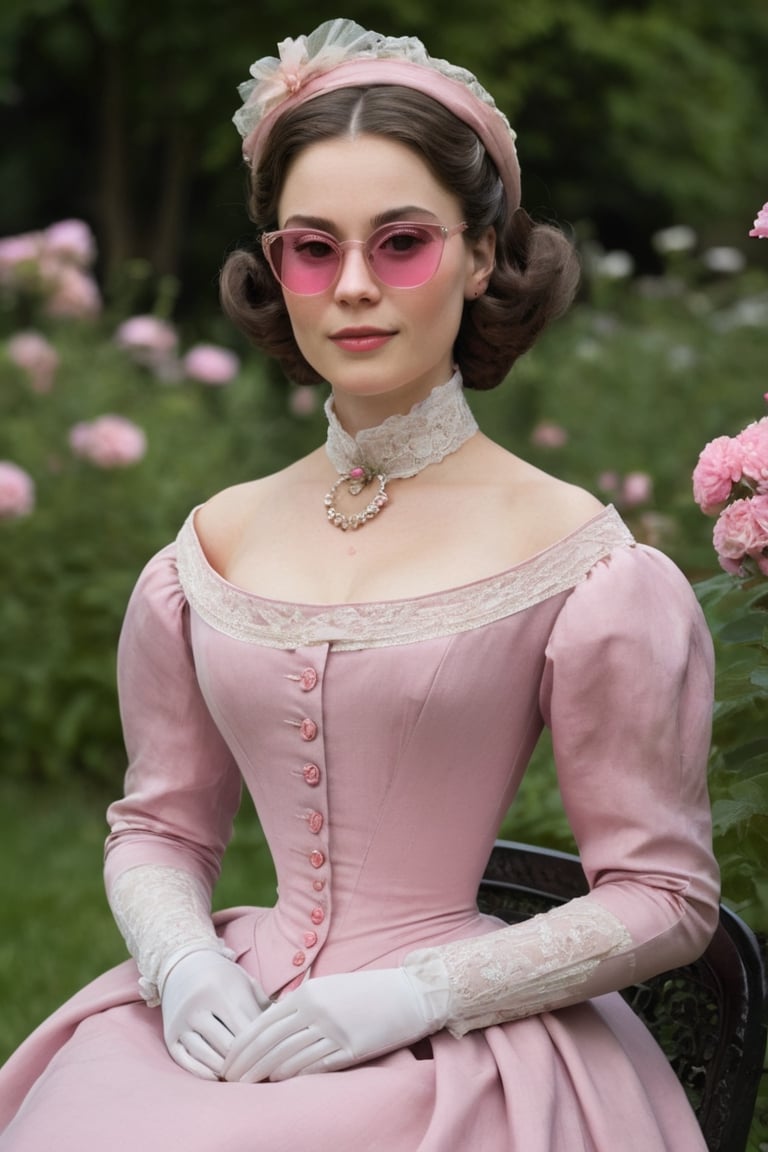 The painting of a woman 50-year-old sitting in a garden with((( delicate little pink sunglasses))) smiling with a doll looking at the camera who is elegantly dressed in a high-collared,  long-sleeved,  and floor-length gown,  which exemplifies the late Victorian fashion. The dress is crafted from rich,  dark-colored fabric,  possibly velvet,  and is characterized by its simplicity and clean lines. A small,  high collar frames her face. The bodice is buttoned up the front,  and its shape accentuates her slender waist. A narrow sash cinches the waist,  creating a subtle hourglass figure. The sleeves are snugly fitted at the shoulders and taper down to the wrists,  reflecting the tailored look of the era. The cuffs of the sleeves are adorned with small decorative buttons. The skirt of the gown falls gracefully to the floor,  with a slight train at the back. It is designed to flow smoothly from the waist,  creating a straight,  elongated line down to the ground. Her complexion is pale and flawless,  following the Victorian preference for porcelain-like skin. She uses a light foundation or powder to achieve this look. Her cheeks are lightly flushed with a subtle hint of rosy pink blush,  delicately applied to the apples of her cheeks. The eyes are enhanced with a soft and natural look. Eyebrows are elegantly shaped with a slight arch and are filled in gently. Eyeshadow in neutral shades enhances her eyelids,  and mascara defines her lashes. Her lips are tinted with a natural,  muted color,  possibly a soft shade of pink or rose. Lip balm is applied to keep her lips smooth and moisturized. In a style of Claude Monet, AIDA_LoRA_LauraB, more detail XL, photo r3al,,
,more detail XL,photo r3al