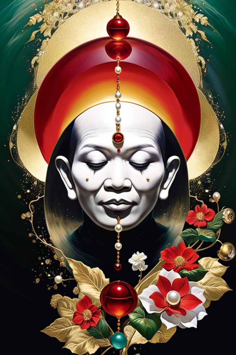 (((Old monk,)))red_flower, gold,sapphire, pearls white, emerald, surrealism,  magical realism,  lucid dreams,  hyperactive imagination,  interactive,  highly detailed image.
