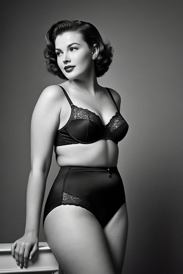 (((Iconic but extremely beautiful)))
(((1950s woman with classic lace underwear black colors)))
(((theme of hapiness)))
(((Gorgeous, voluptuous, sexy)))
(((Chiaroscuro light Solid colors background)))
(((masterpiece,minimalist,epic,
hyperrealistic,photorealistic)))
(((view profile,view detailed )))
(((Monochrome solid colors)))(((Annie Leibovitz style)))