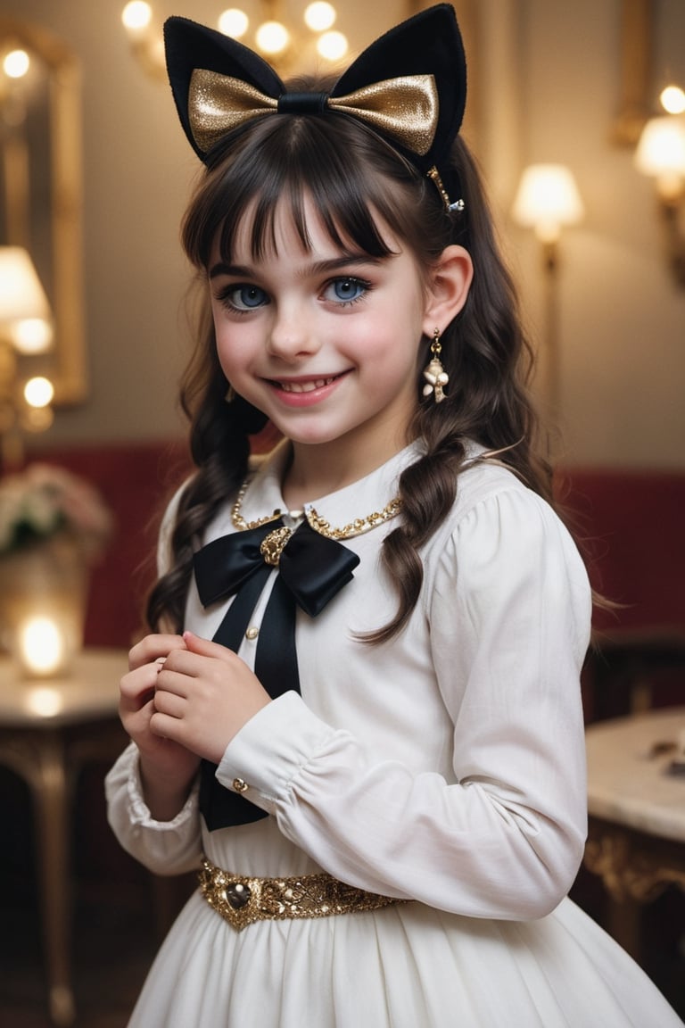 Teenager 12-year-old Nórdic, perlas white, very beautiful smile, long hair, looking at viewer, bangs, black hair, long sleeves,detailed dress, bow, ribbon, animal ears, jewelry, upper body, ponytail, hair bow, earrings, indoors, cat ears, hand up, black eyes, black dress, lips, black ribbon, black bow, realistic, nose,(((gold, sapphire, ruby, Mármol white, )))masterpiece, hyperdetailed photography, hyper-realistic, Kodak Ektar camera, detailed skin pores acne, detailed hands, detailed anatomy, detailed face, detailed eyes, detailed mouth,,photo r3al, cinematic moviemaker style, 85mm cámara, 