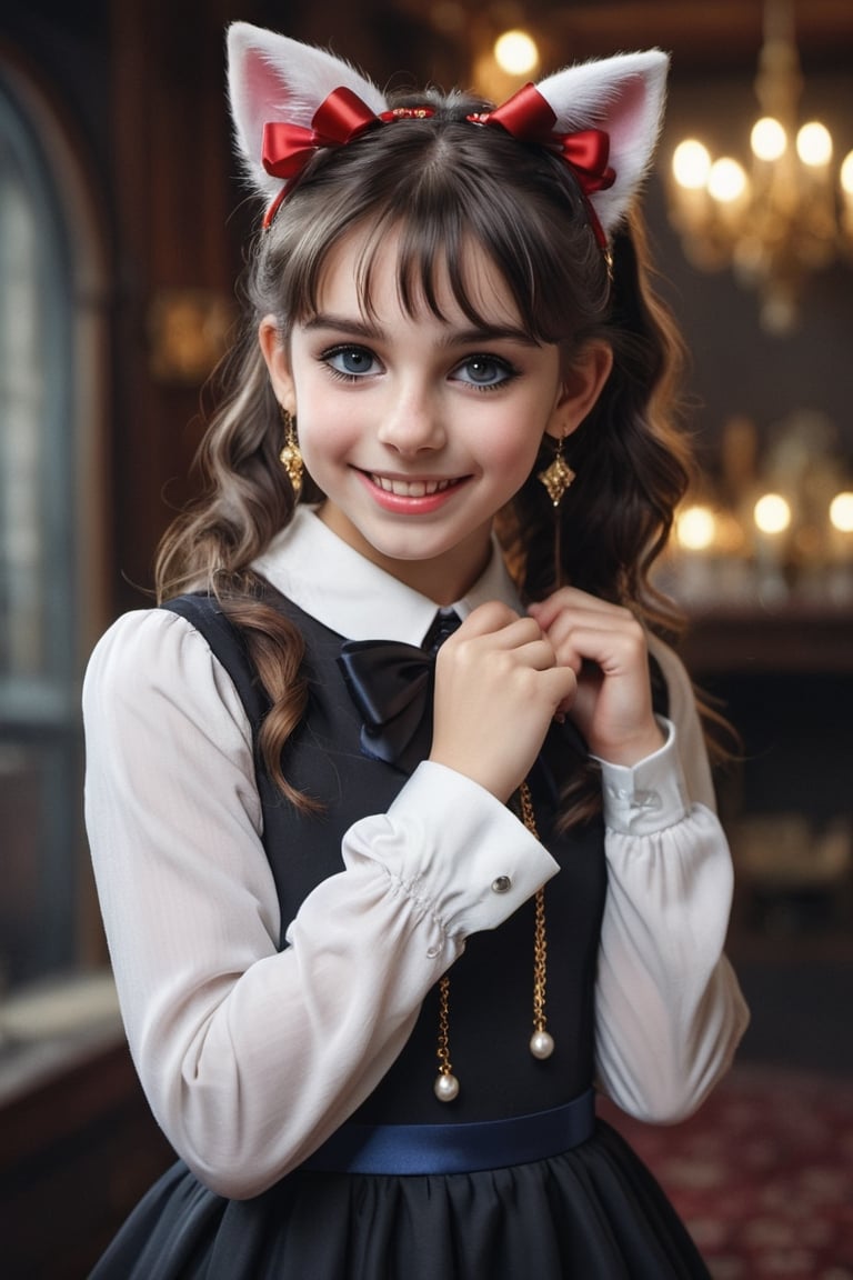 Teenager 14-year-old Nórdic, perlas white, very beautiful smile, long hair, looking at viewer, bangs, black hair, long sleeves,detailed dress, bow, ribbon, animal ears, jewelry, upper body, ponytail, hair bow, earrings, indoors, cat ears, hand up, black eyes, black dress, lips, black ribbon, black bow, realistic, nose,(((gold, sapphire, ruby, Mármol white, )))masterpiece, hyperdetailed photography, hyper-realistic, Kodak Ektar camera, detailed skin pores acne, detailed hands, detailed anatomy, detailed face, detailed eyes, detailed mouth,,photo r3al, cinematic moviemaker style, 85mm cámara, 