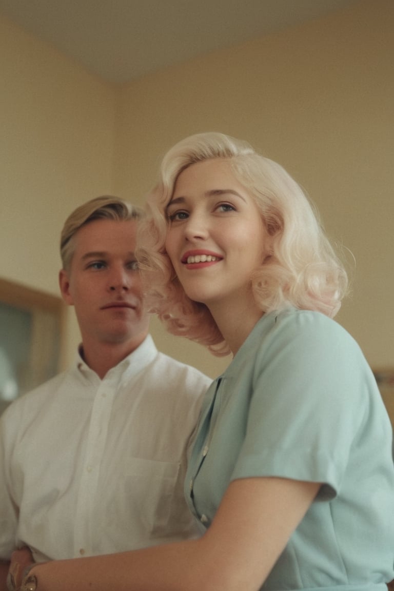 ((( 1950s age style)))woman and Man 
(((gorgeous nordic looking in a mirror, in a large room)))
(((Wide angle,full body shot)))
(((retro environment,melancholic tone,charming light,dramatic contrast between light and dark,pastel colors:1.2)))
(((hasselblad 70mm camera films))) 
(((beautiful smile, open mouth, happy, laughter)))
(((white wavy hair)))
((( bob_curt hair, short hair)))
(((dappled sunlight,elegant,
the theme of rainbow,cinematic lighting,rainbow like radiance,rich emotional)))
cinematic moviemaker style,dripping paint