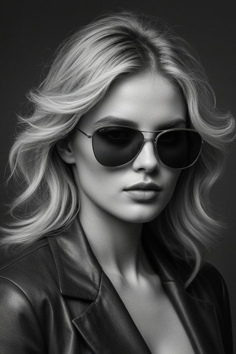 (((Iconic illustration 1980s age style but extremely beautiful)))
(((blonde hair with sunglasses)))
(((Chiaroscuro Solid colors background)))
(((masterpiece,minimalist,epic,
hyperrealistic,photorealistic)))
(((view profile,view detailed )))
(((Monochrome solid colors)))(((Annie Leibovitz style)))