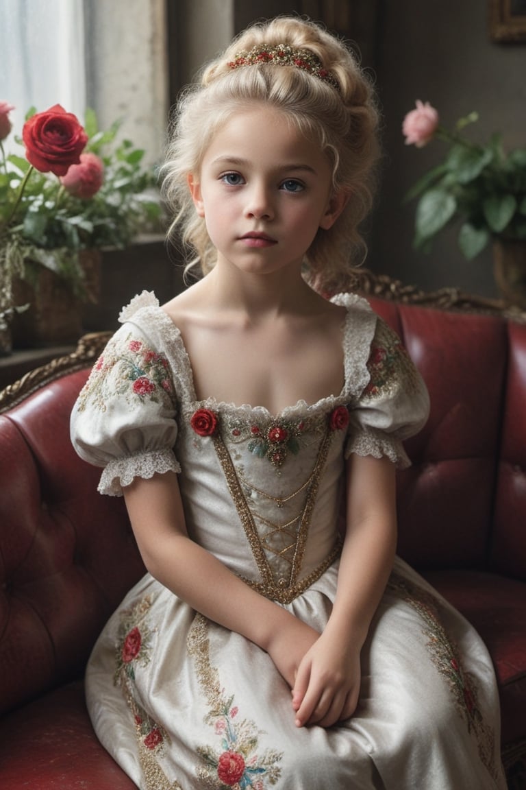 portrait of little_girl 10-year-old Nórdic,((( Wearing luxury sack-back gown, detailed and opulent description of a aristocrat's sack-back gown in Rococo style, emphasizing luxurious fabrics, intricate embroidery, and ornate accessories,)))
,rainbow light hair,  blonde short curly hair, Sexy,sitting open_legs on worn old black leather sofa near a window,old and worn red furniture ,view front,flowers, plants, roses,view from above,  centered,full body shot,  natural light from a window,raw,iso. 800,50mm films,high detailed skin,detailed face,detailed eyes,detailed skin,acne,pores, detailmaster2,photo r3al,  moviemaker style