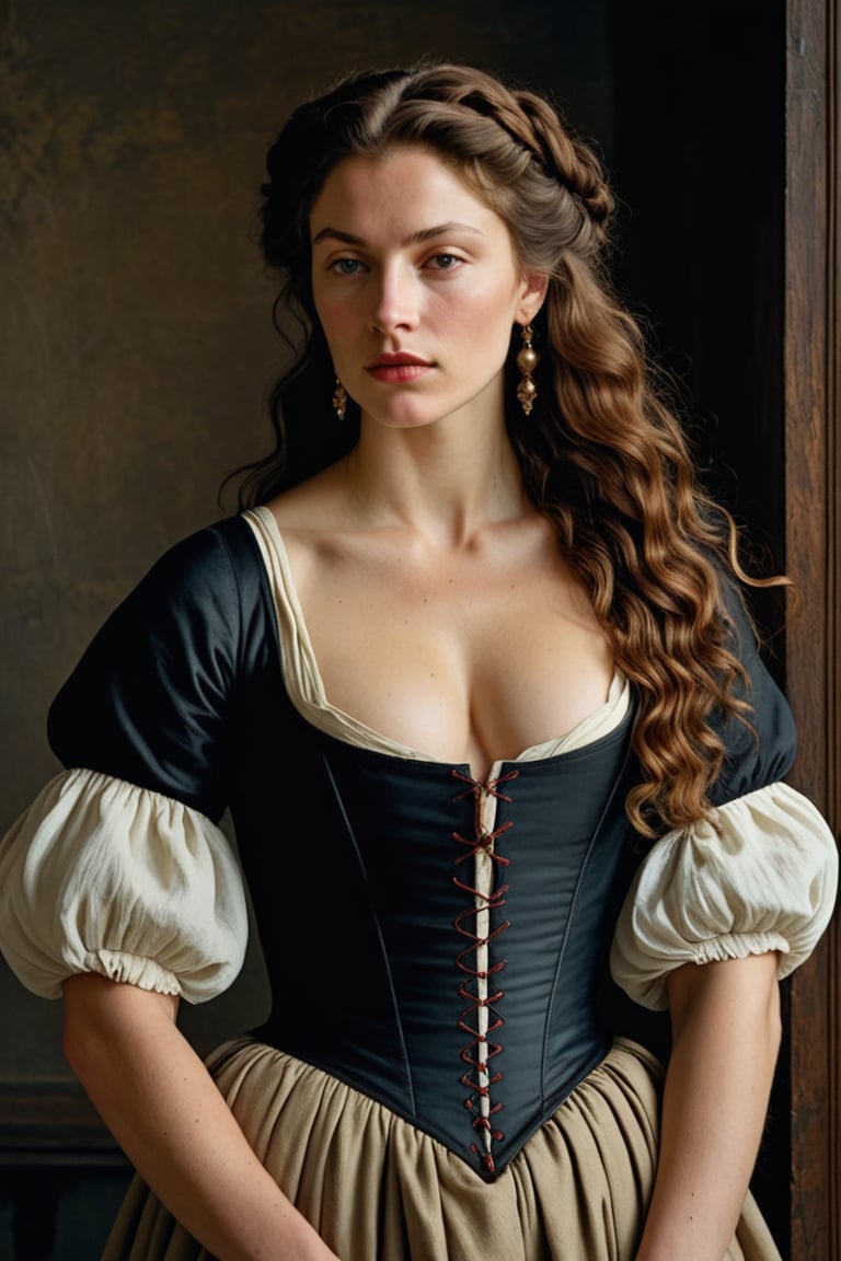 (((Iconic classical style 1500's extremely beautiful)))
(((Medieval style melancholic))) 
(((White large wavy Medieval style hair)))
(((simple peasant dress, worn and patched)))
(((Beautiful Gorgeous,muscular, voluptuous, sexy,sophisticated, athletic))) 
(((Chiaroscuro vivid colors background))) 
(((masterpiece,minimalist,epic, hyperrealistic,photorealistic))) (((view very zoom,view profile, Wide angle))) 
(((By Annie Leibovitz style,by caravaggio style)))