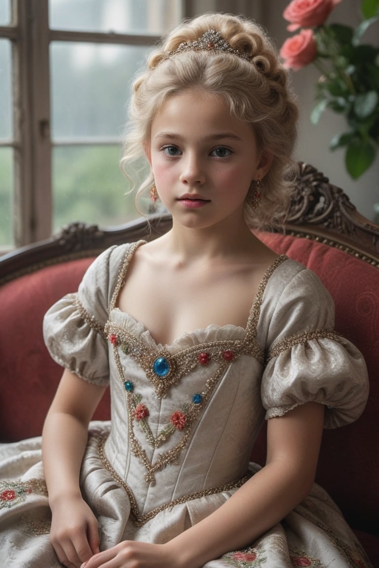 portrait of little_girl 10-year-old Nórdic,((( Wearing luxury sack-back gown, detailed and opulent description of a aristocrat's sack-back gown in Rococo style, emphasizing luxurious fabrics, intricate embroidery, and ornate accessories,)))
,rainbow light hair,  blonde short curly hair, Sexy,sitting open_legs on worn old black leather sofa near a window,old and worn red furniture ,view front,flowers, plants, roses,view from above,  centered,full body shot,  natural light from a window,raw,iso. 800,50mm films,high detailed skin,detailed face,detailed eyes,detailed skin,acne,pores, detailmaster2,photo r3al,  moviemaker style