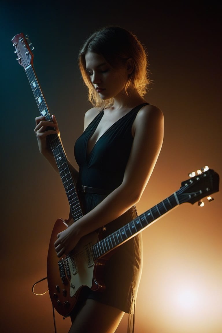 (((Iconic girl extremely beautiful)))
(((playing electric guitar)))
(((moody atmosphere, ethereal glow, delicate interplay of light and shadow, captivating gaze, artistic expression, emotional resonance)))
(((Chiaroscuro vivid colors background)))
(((View zoom,view detailed, dutch_angle)))
(((by Annie Leibovitz style, byDiane Arbus style)))