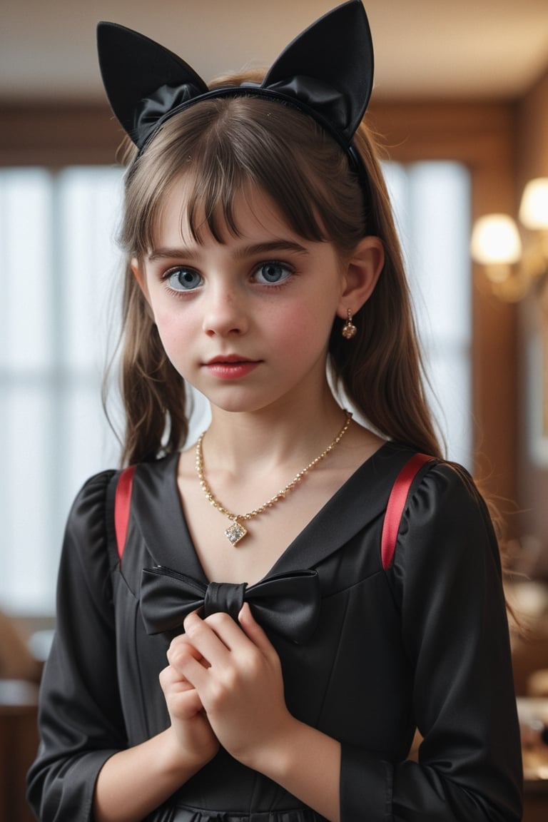 Little_girl 12-year-old, solo, long hair, looking at viewer, bangs, black hair, long sleeves, dress, bow, ribbon, animal ears, jewelry, upper body, ponytail, hair bow, earrings, indoors, cat ears, hand up, black eyes, black dress, lips, black ribbon, black bow, realistic, nose, masterpiece, hyperdetailed photography, hyper-realistic, Kodak Ektar camera, detailed skin pores acne, detailed hands, detailed anatomy, detailed face, detailed eyes, detailed mouth,,photo r3al, cinematic moviemaker style, 85mm cámara, 